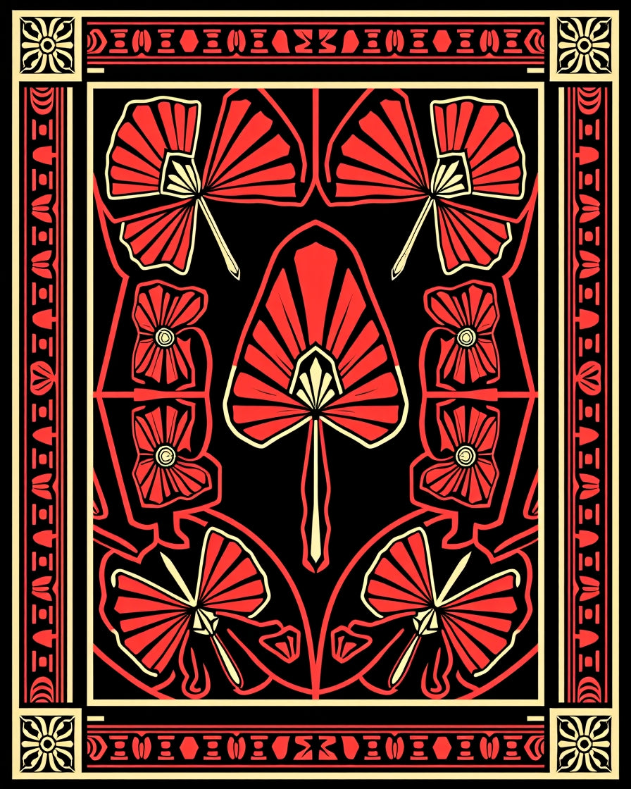 Crimson Black Fan Lotus Art Deco Rug