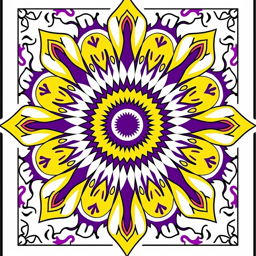 Vibrant Yellow Purple Sunburst Mandala Rug