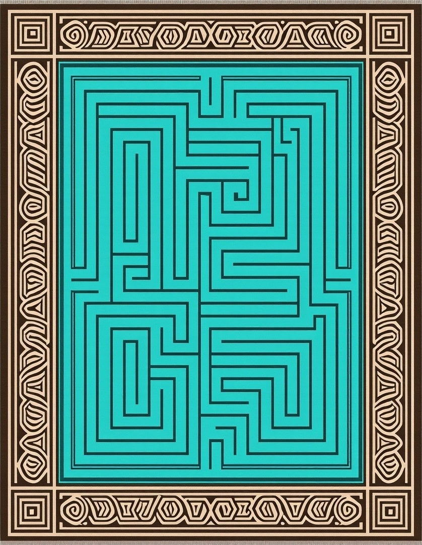 Teal Maze Geometric Border Rug