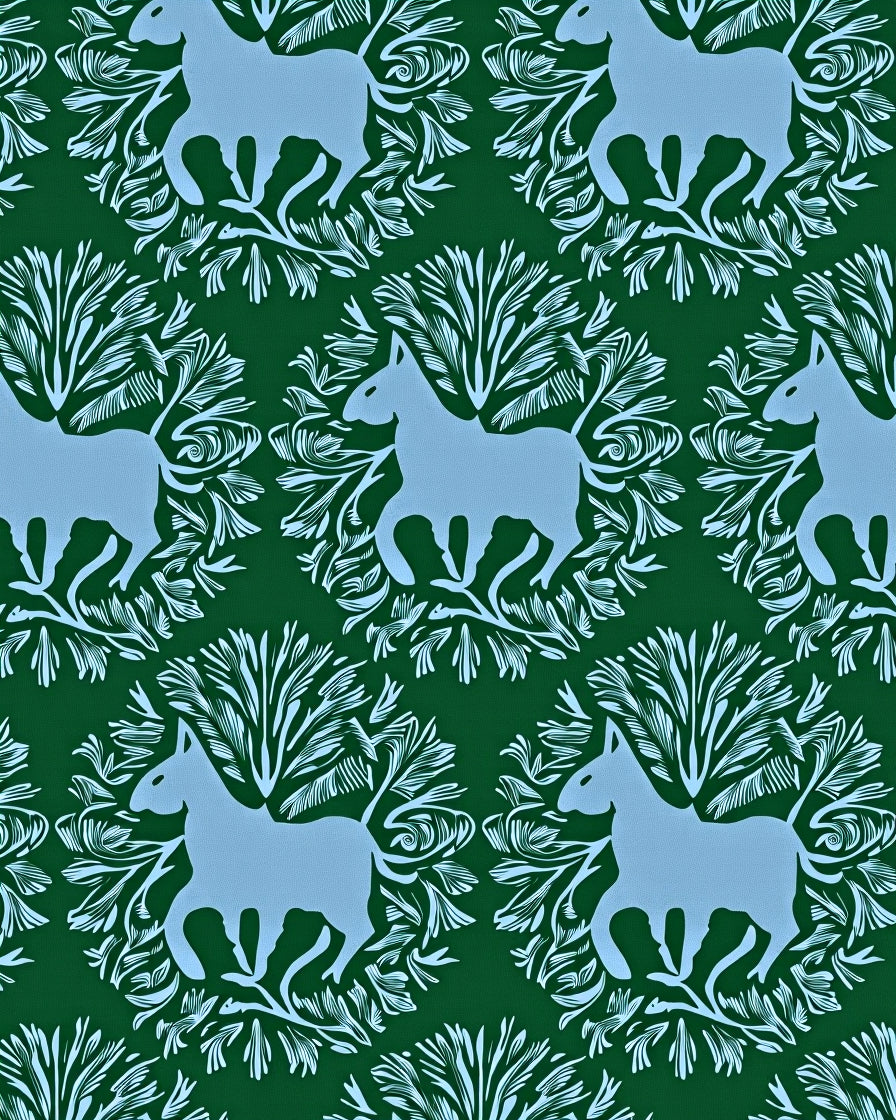 Light Blue Horse Green Floral Tableau Rug