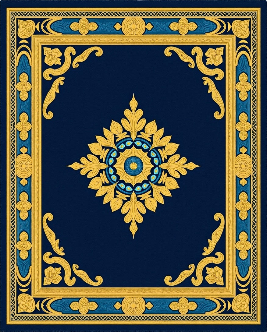 Ornate Navy Blue Gold Floral Medallion Rug