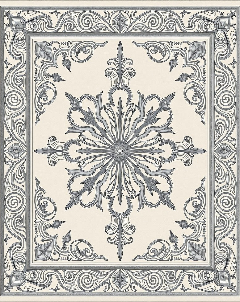 Cream Gray Ornate Floral Fan Rug