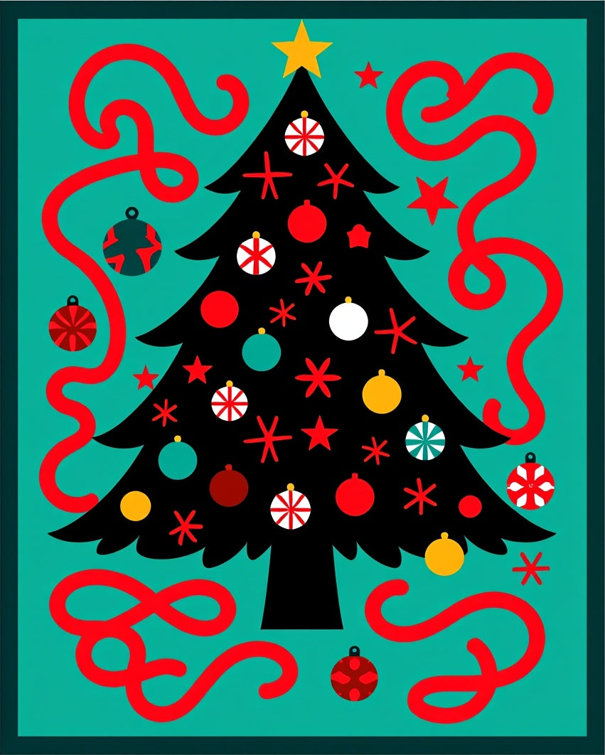 Retro Christmas Tree Red Ribbon Festive Rug