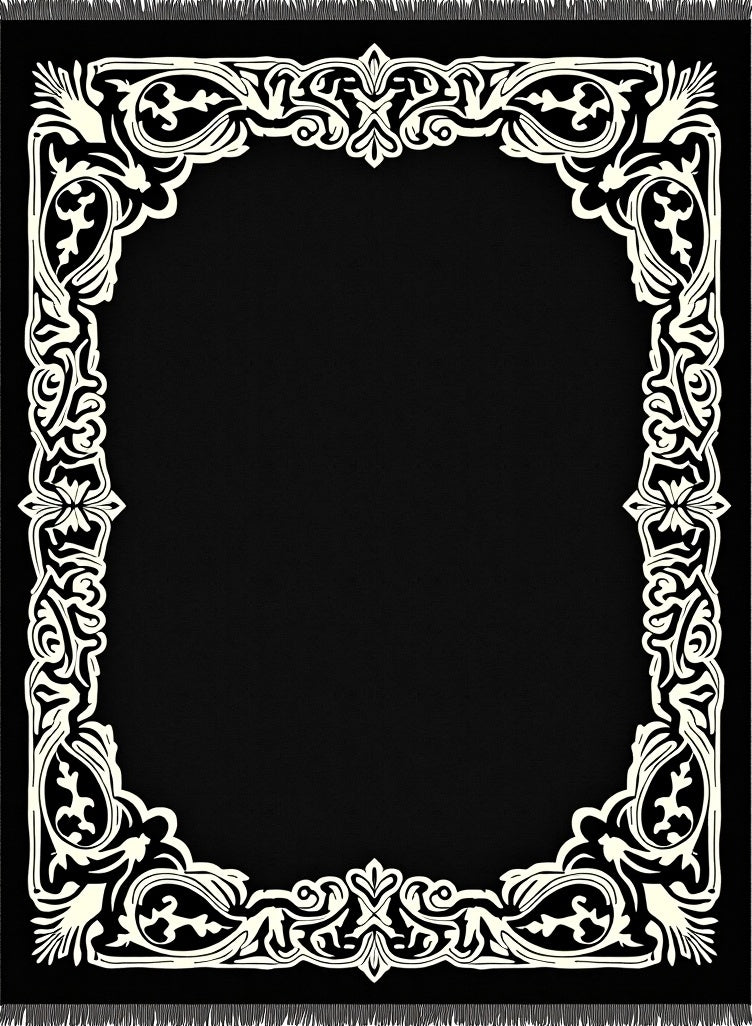 Ornate Black Ivory Scrollwork Frame Rug