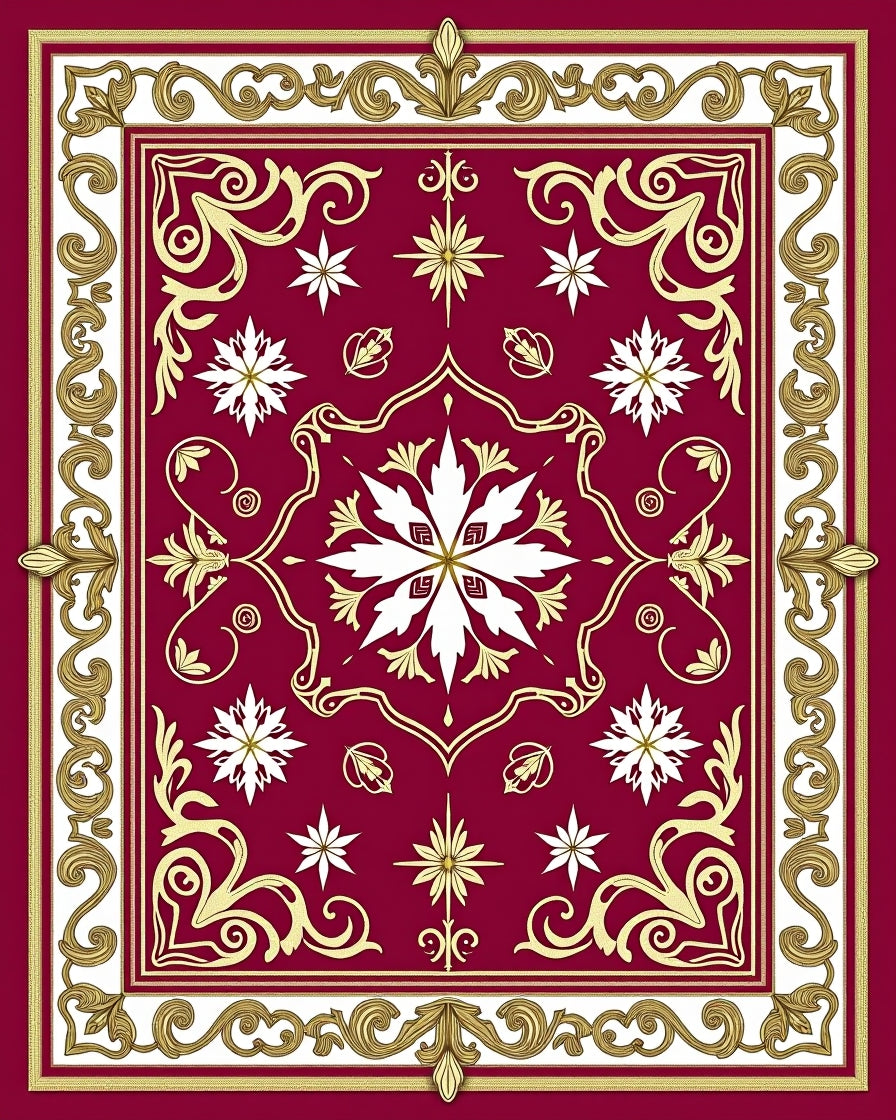 Rich Scarlet Ornate Golden Filigree Square Rug
