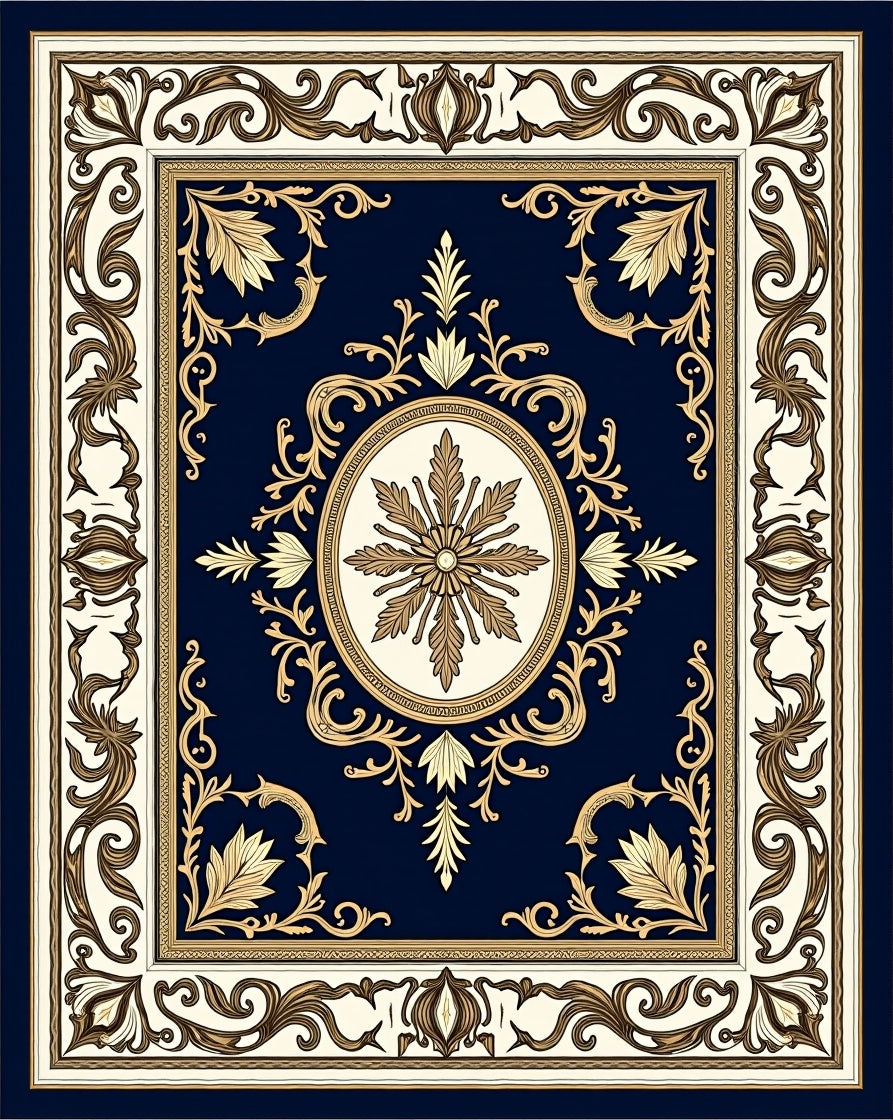 Classic Navy Gold Floral Medallion Rug