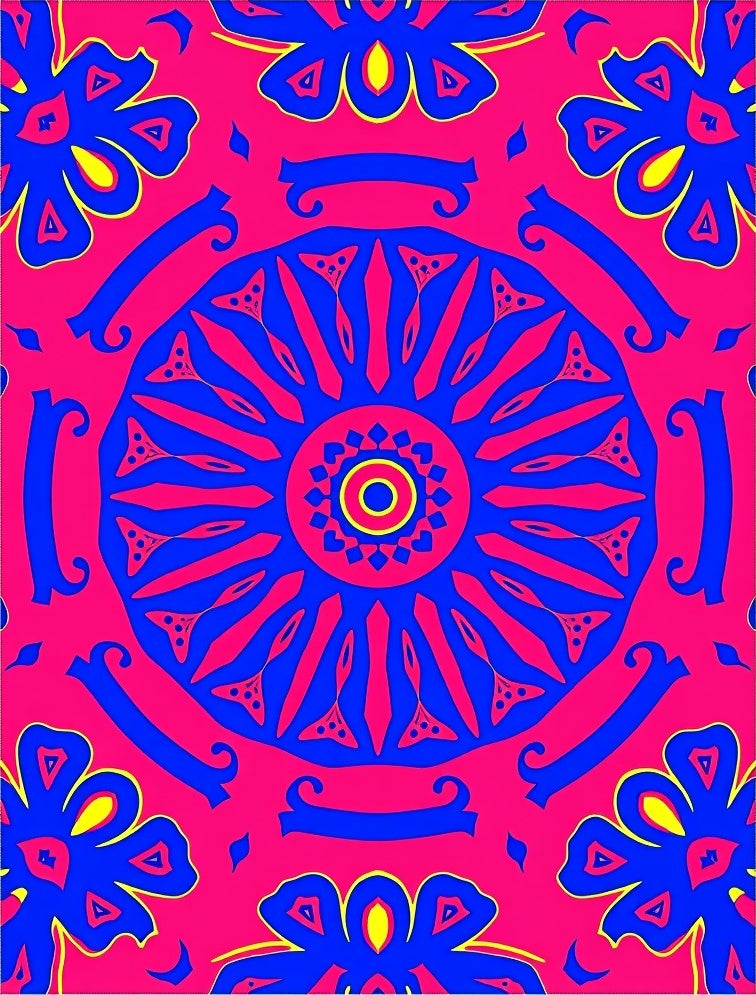 Vibrant Pink Blue Sunburst Medallion Rug