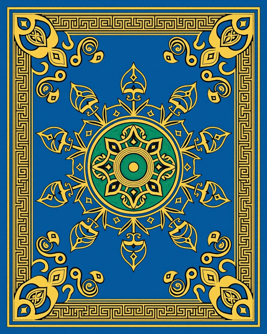 Ornate Blue Green Golden Medallion Rug
