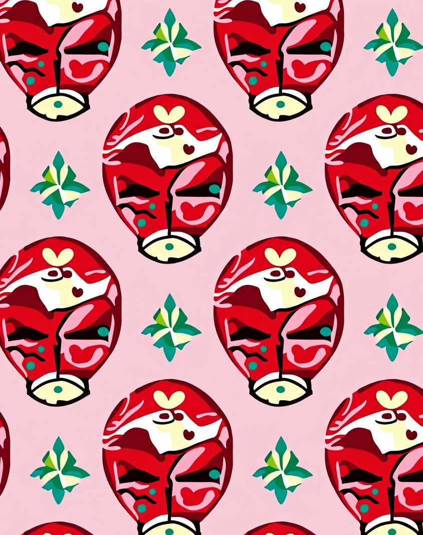 Festive Red Tribal Mask Pink Background Rug