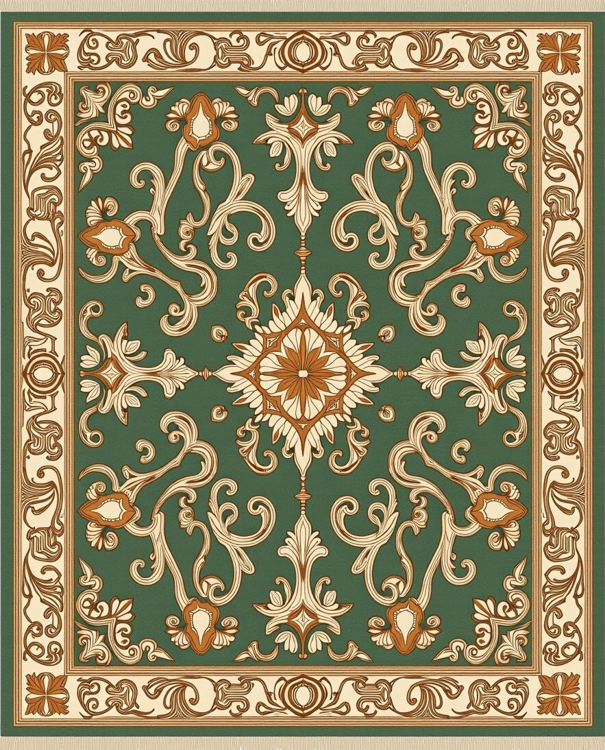 Emerald Green Floral Medallion Frame Rug