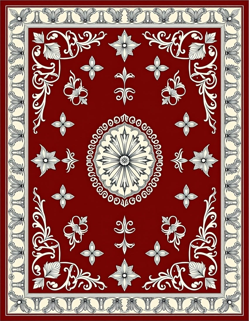 Crimson Bloom Scrollwork Frame Rug