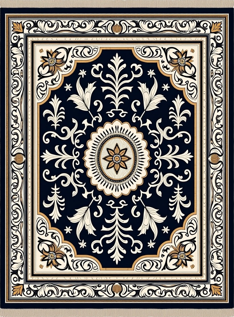 Dark Navy Floral Medallion Border Rug