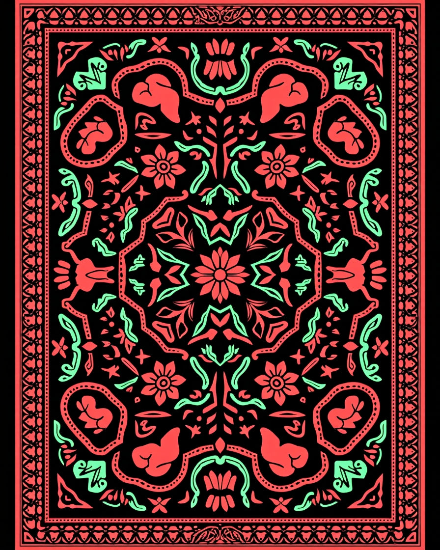 Coral Mint Black Symmetrical Floral Rug