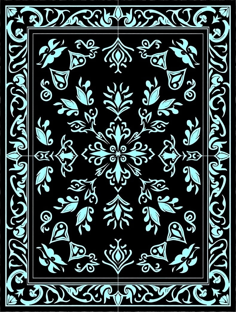 Black Cyan Floral Scroll Medallion Rug