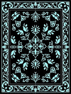 Black Cyan Floral Scroll Medallion Rug