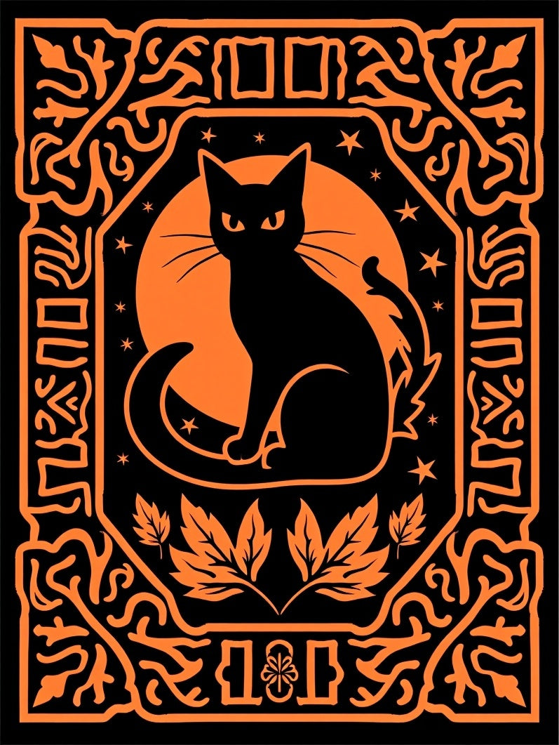 Black Cat Moon Orange Border Rug