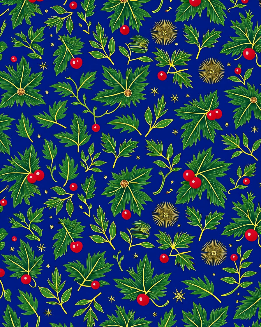 Deep Blue Green Leaf Berry Sprigs Rug
