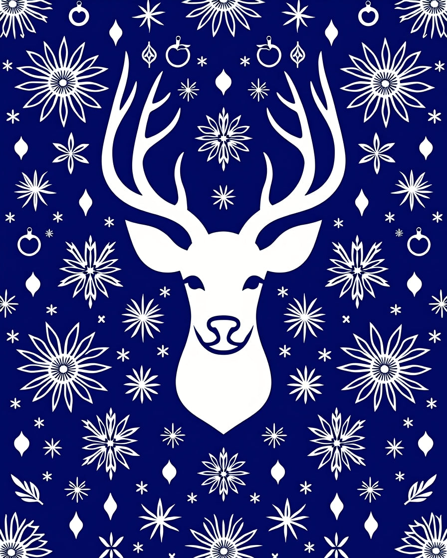 White Deer Snowflakes Deep Blue Rug