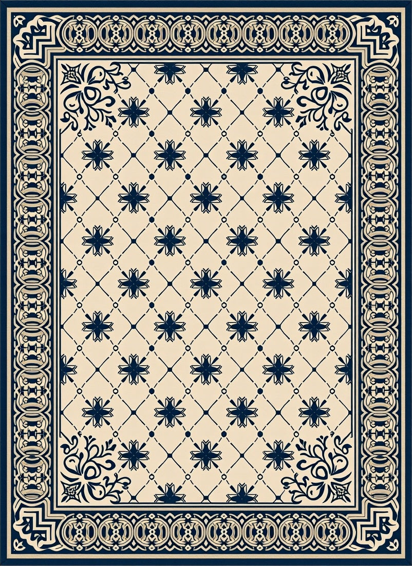 Navy Blue Floral Medallion Lattice Rug