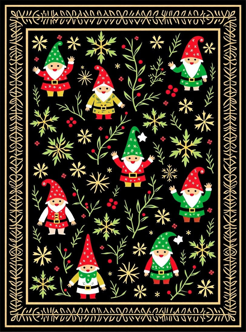 Festive Gnomes Green Red Snowflake Collection Rug