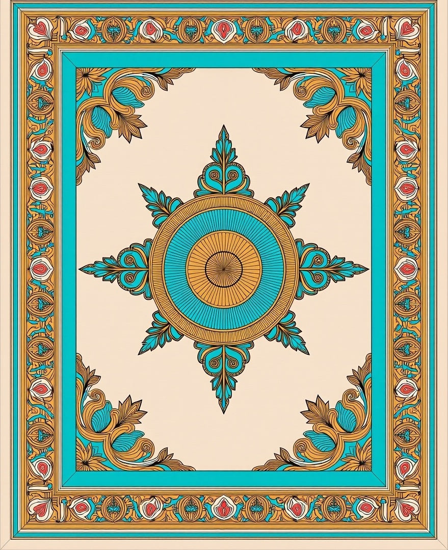 Ornate Teal Sunburst Floral Border Rug