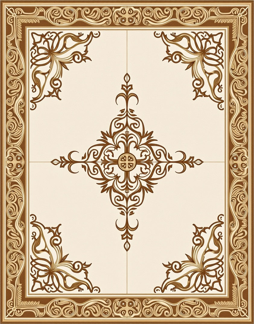 Rich Brown Ornamental Border Framing Medallion Rug