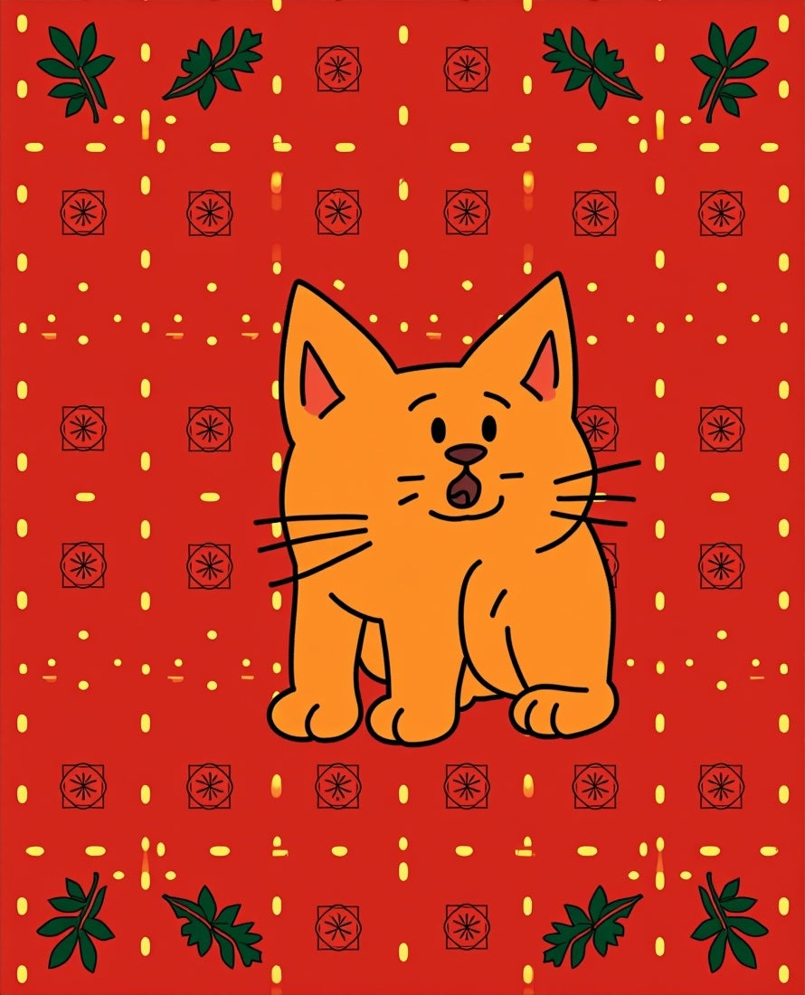 Cute Orange Cat Red Floral Dots Rug
