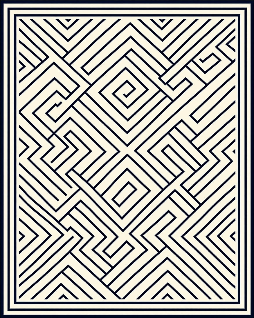 Cream and Black Linear Maze Rug