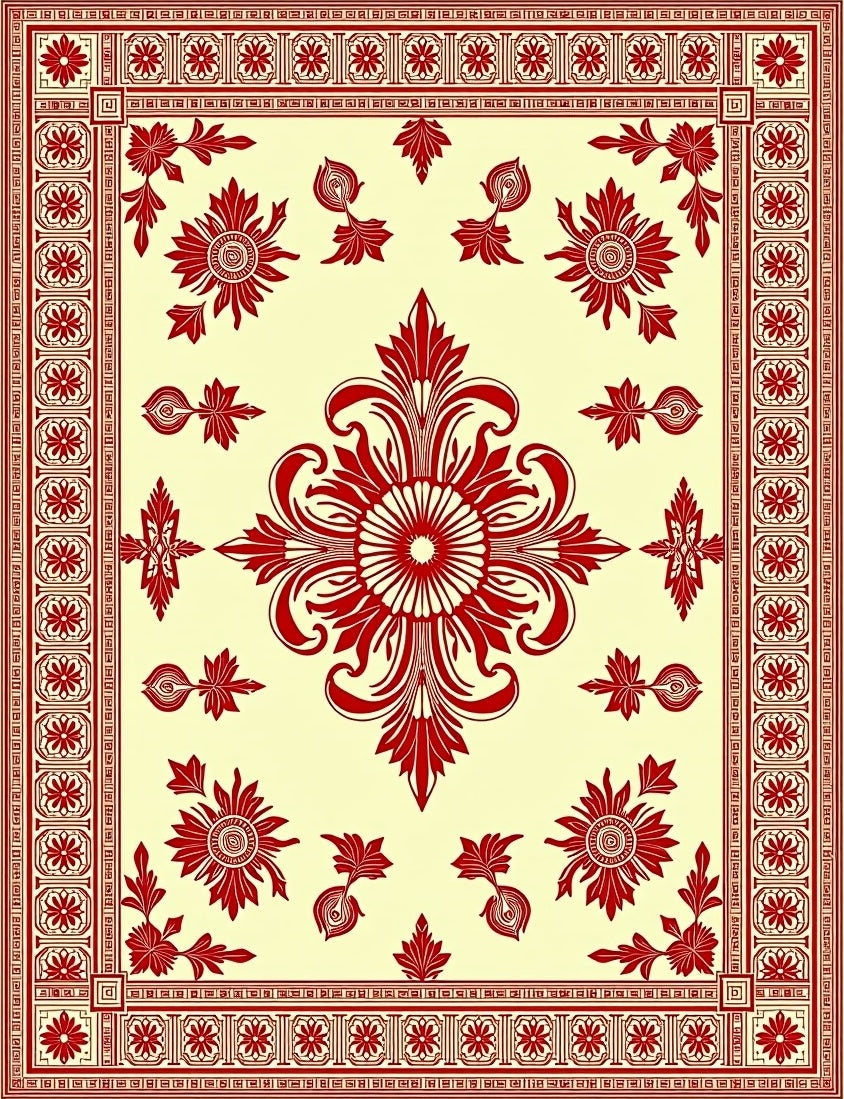 Crimson Floral Medallion Cream Border Rug
