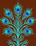 Turquoise Peacock Feather Motif Brown Background Rug