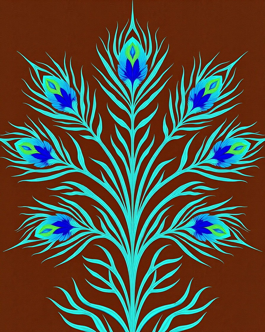 Turquoise Peacock Feather Motif Brown Background Rug