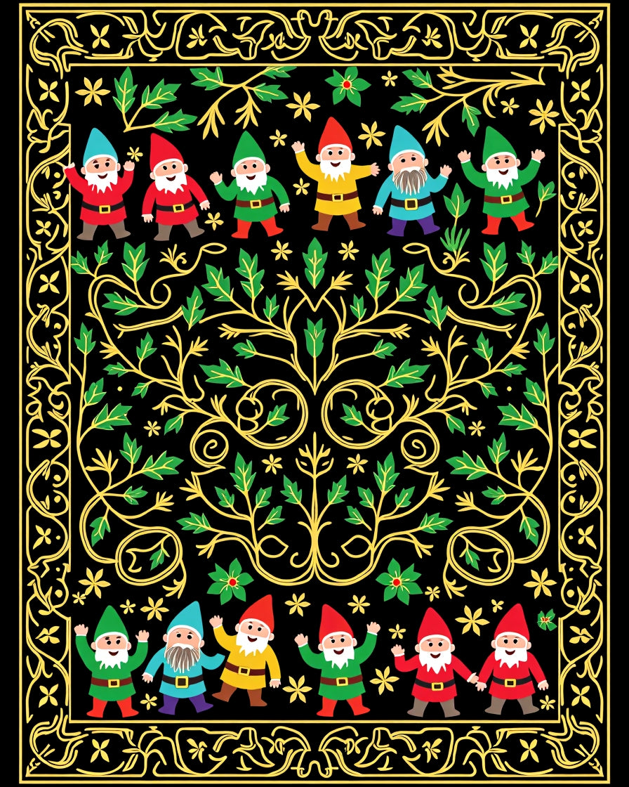 Enchanted Garden Gnomes Floral Border Rug