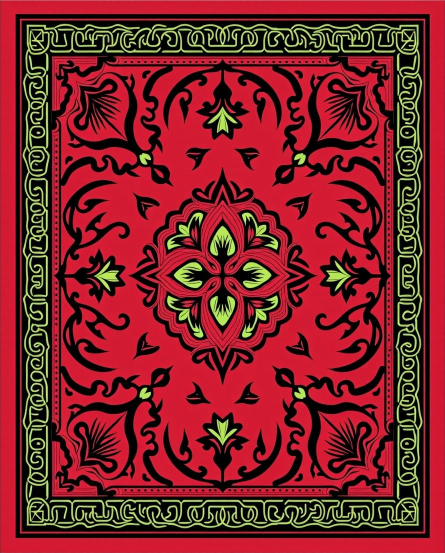 Vibrant Red Black Floral Medallion Rug
