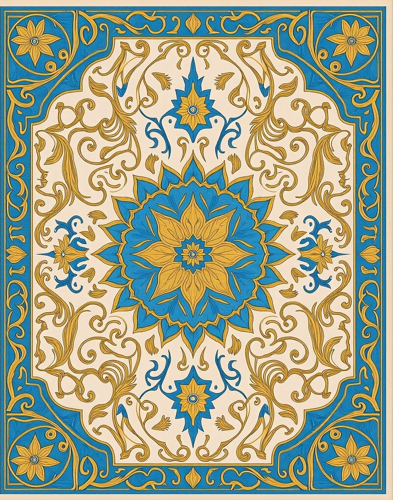 Blue Gold Floral Medallion Square Rug