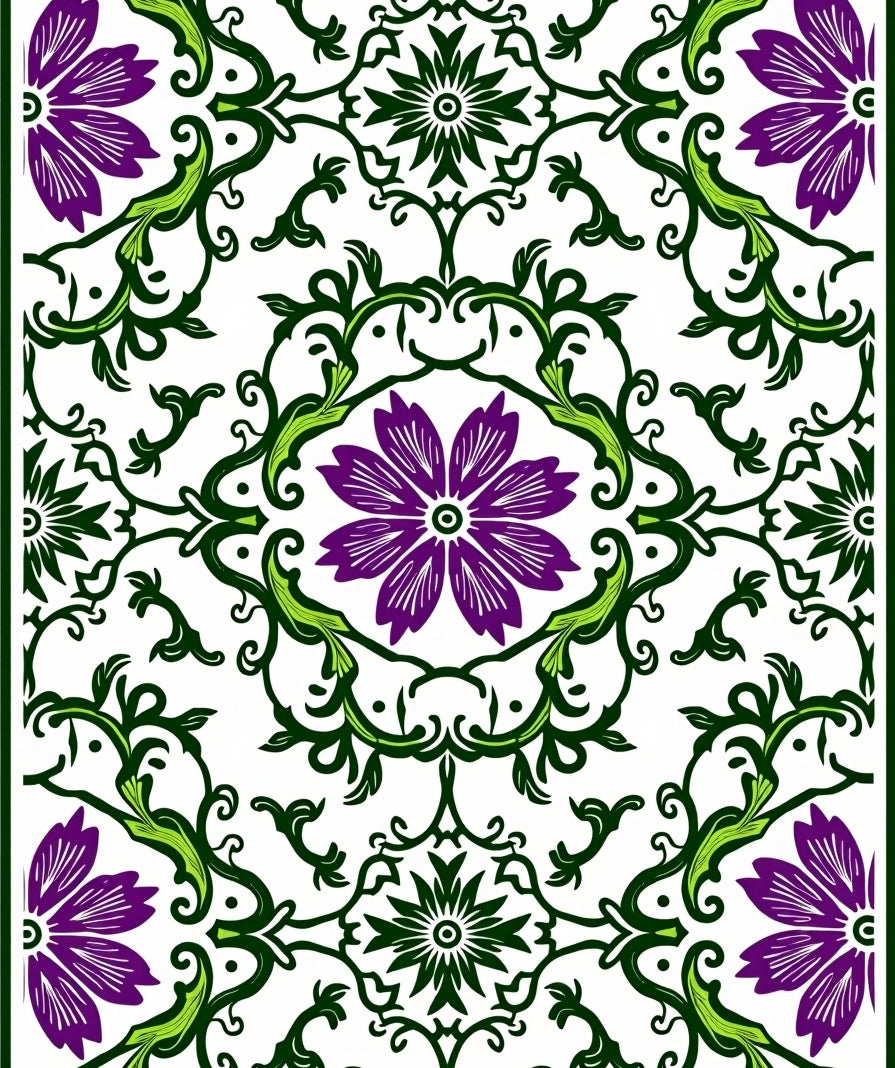 Vibrant Purple Green Floral Symmetry Rug