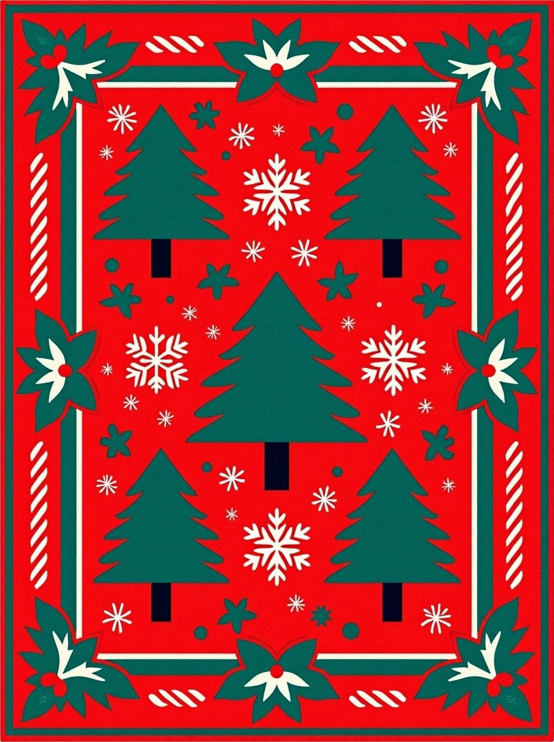 Festive Red Poinsettia Christmas Trees Rug