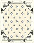 Cream And Blue Geometric Diamond Border Rug
