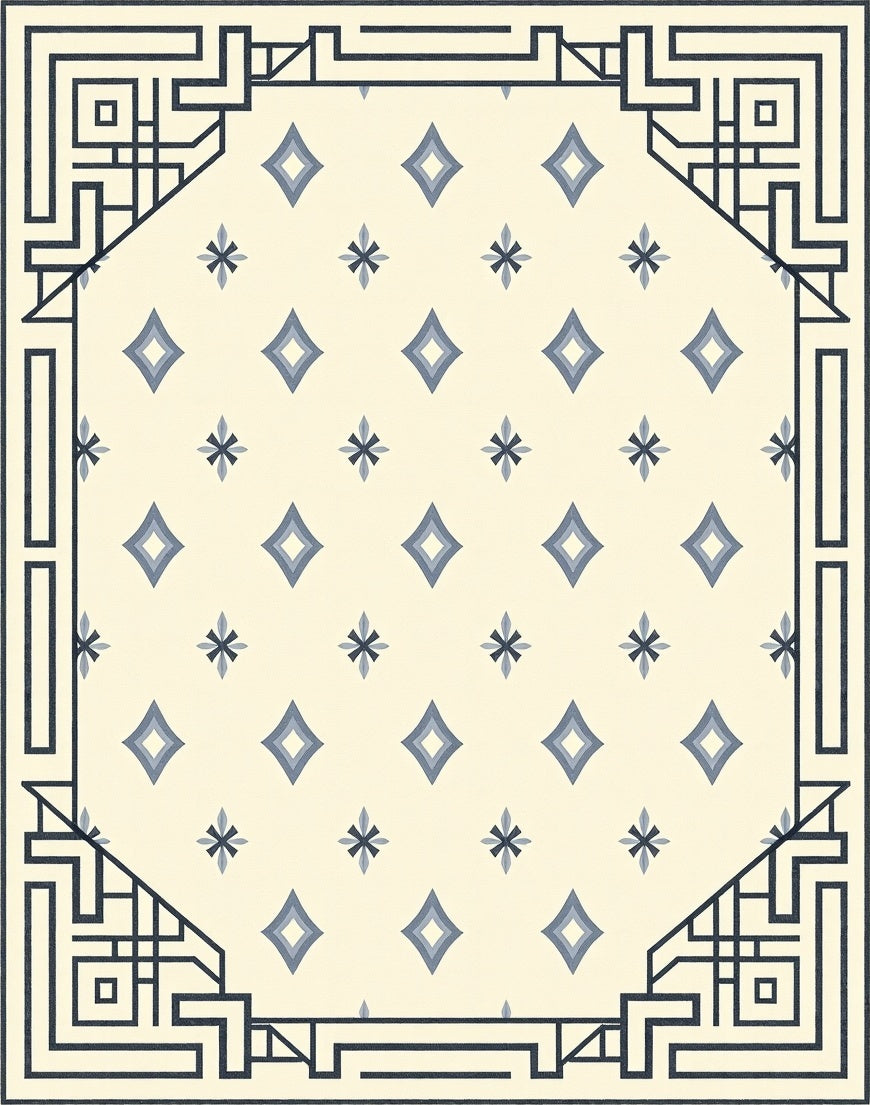Cream And Blue Geometric Diamond Border Rug