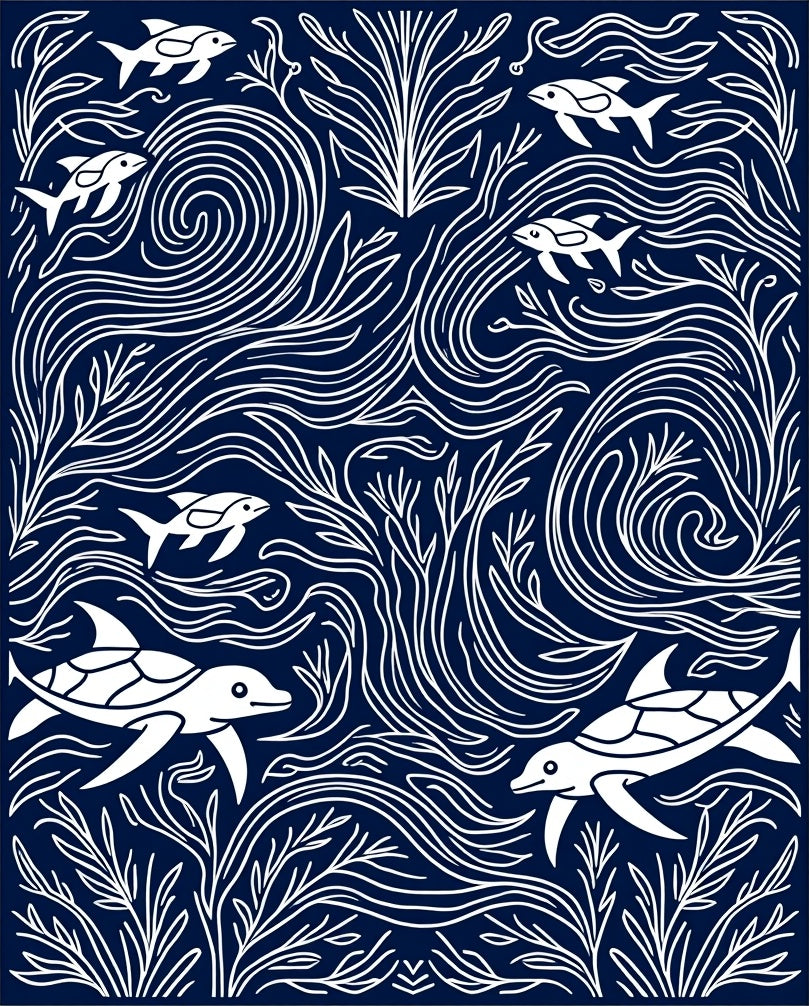 Undersea Life Navy White Whimsical Rug