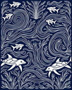 Undersea Life Navy White Whimsical Rug