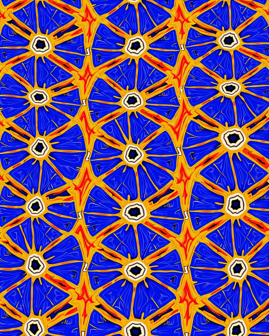 Vibrant Blue Yellow Starburst Medallion Rug