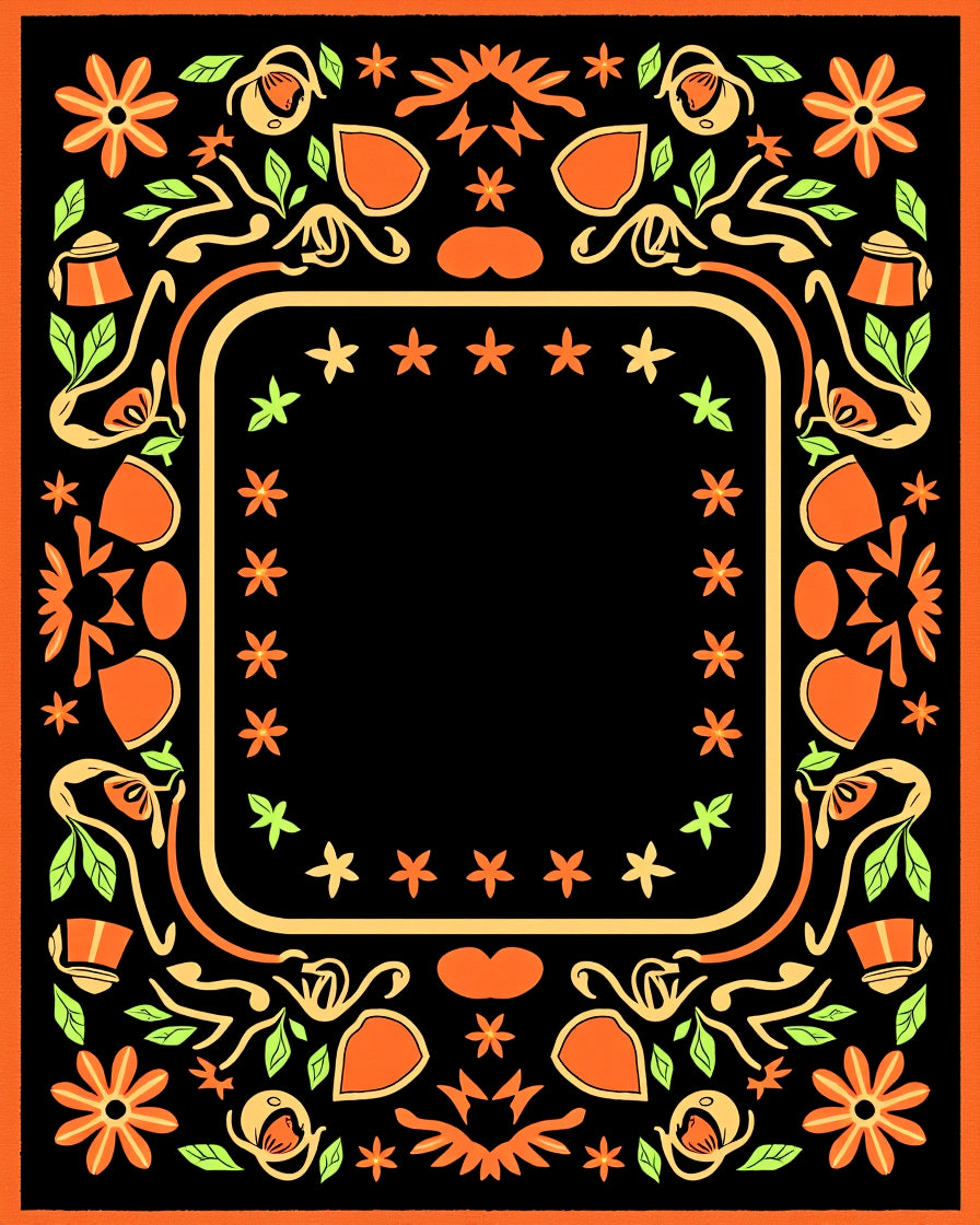 Orange Black Floral Border Accent Rug