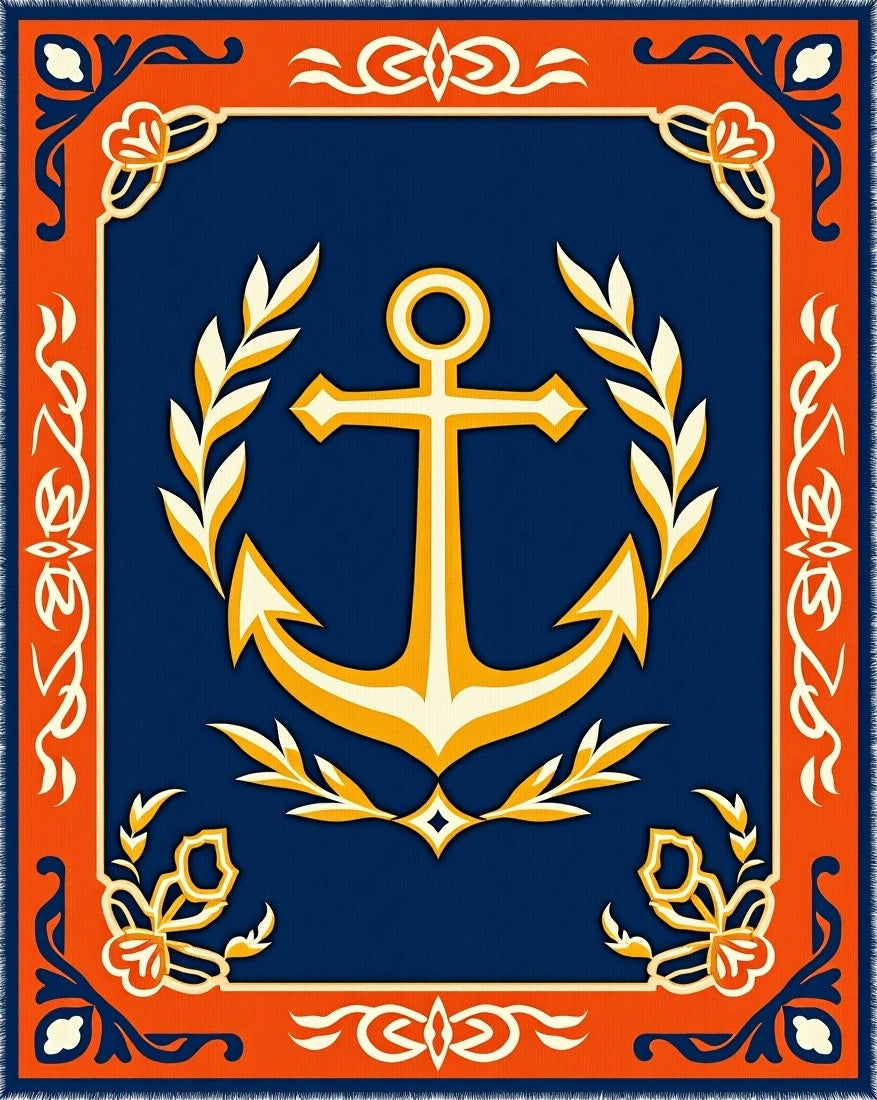Navy Blue Anchor Laurel Wreath Rug