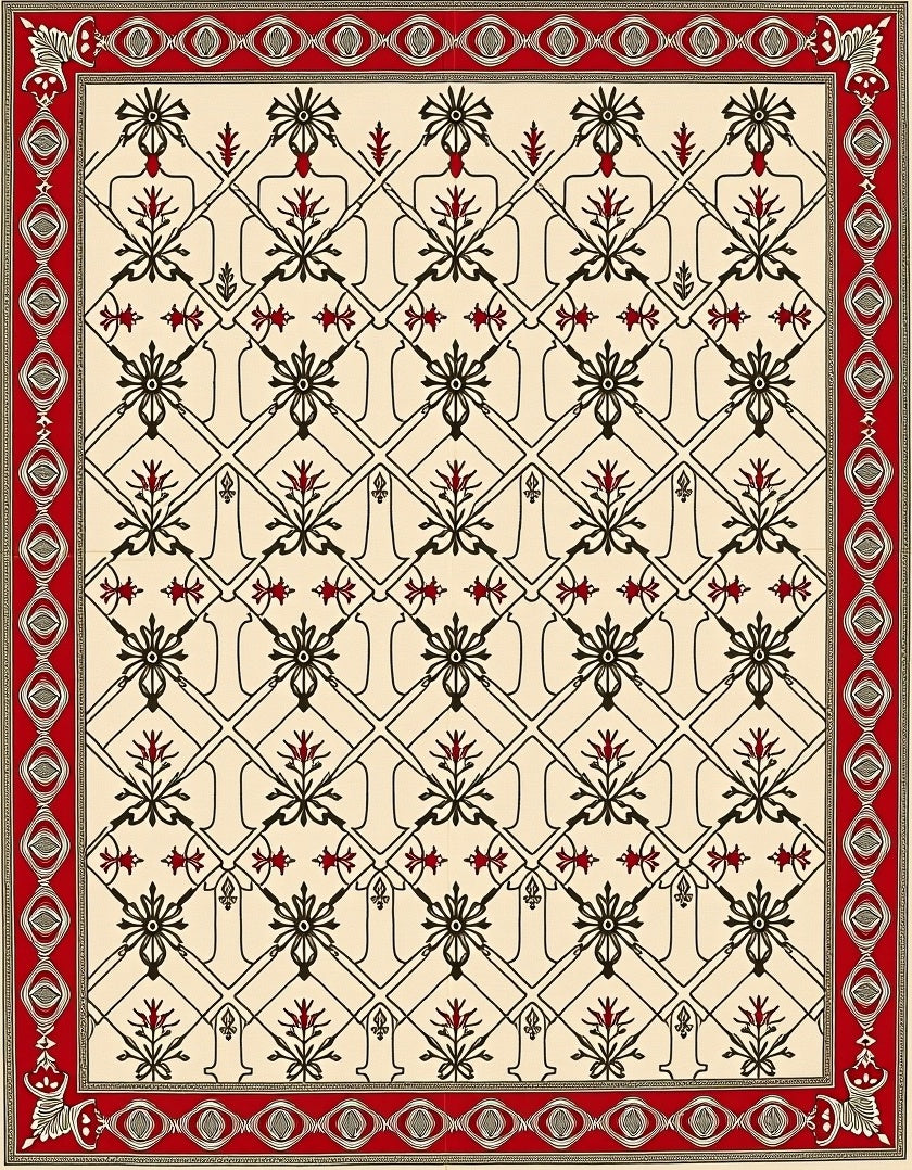 Cream Red Floral Lattice Traditional Rug