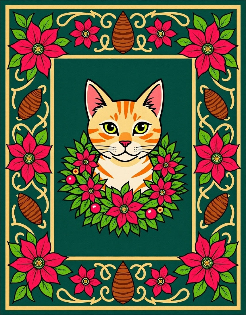 Orange Tabby Cat Poinsettia Wreath Rug