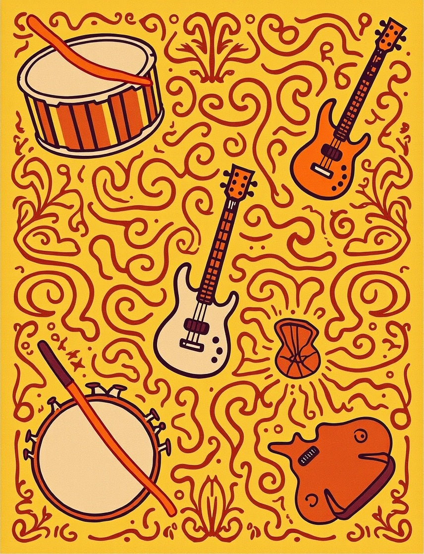 Retro Orange Musical Instruments Rug
