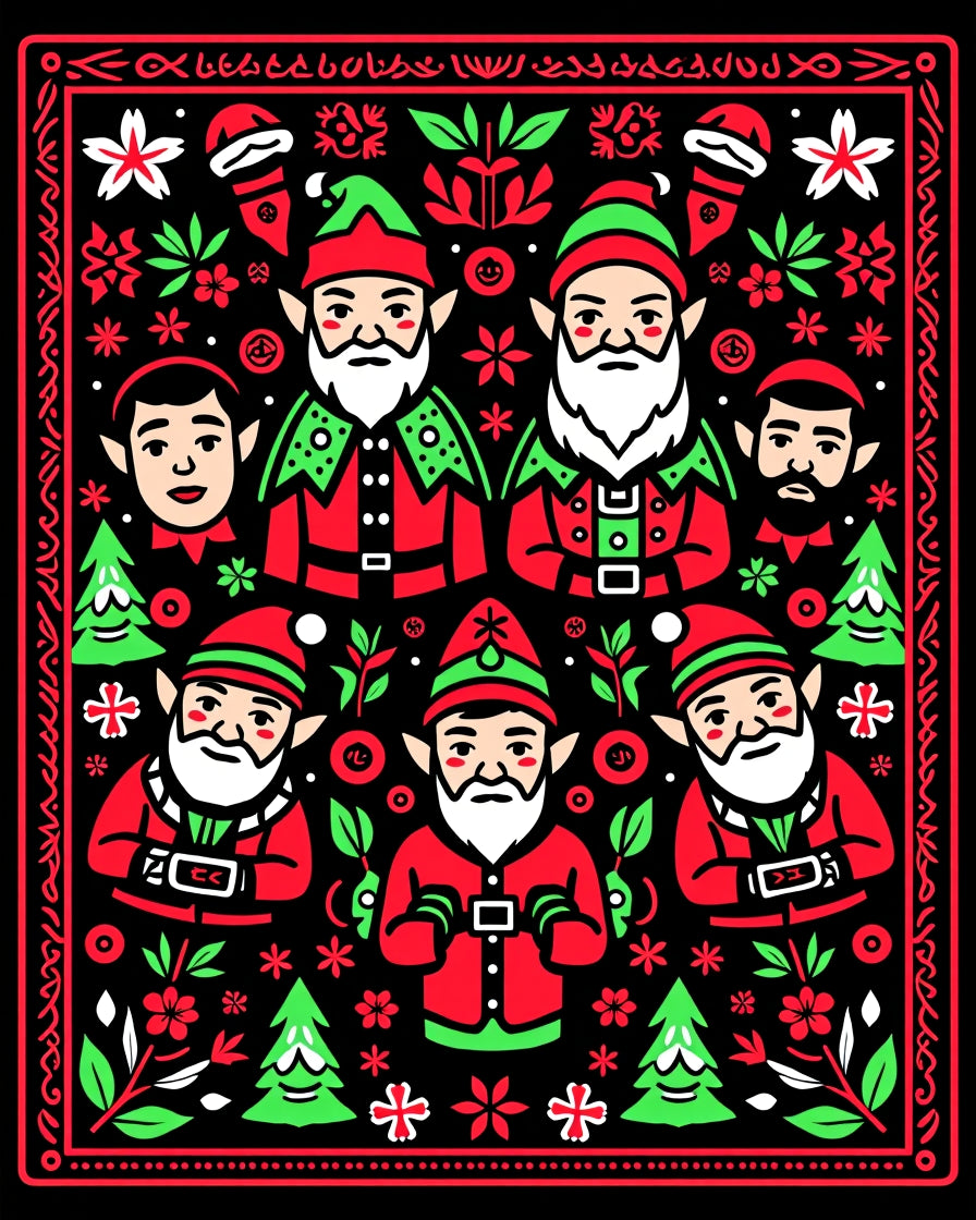 Festive Red Green Elves Christmas Border Rug