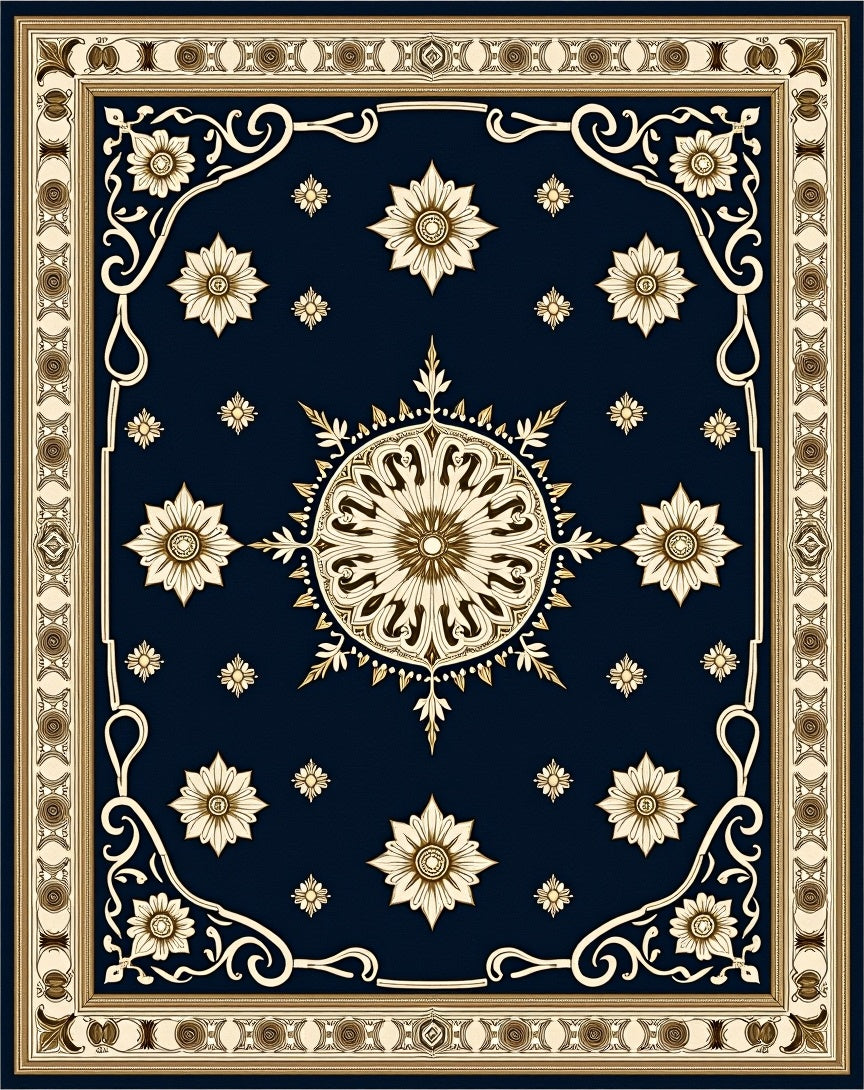Ornate Royal Blue Golden Medallion Rug