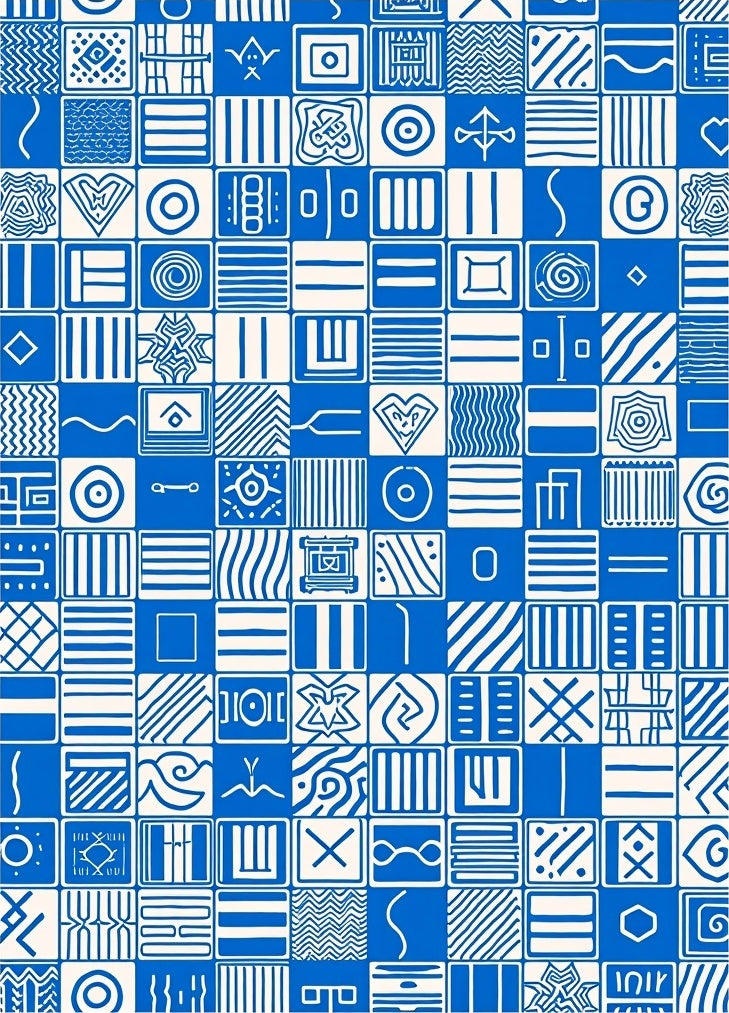 Blue White Geometric Square Collage Rug