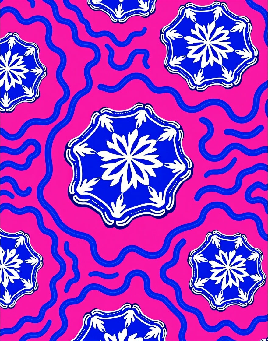 Vibrant Pink Blue Floral Wave Medallions Rug